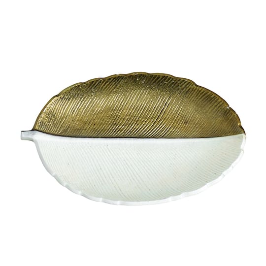 14&#x22; Gold &#x26; White Leaf Decorative Accent Tray